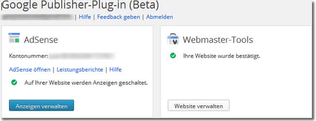 Einstellungen des Google Publisher Plugins für Wordpress