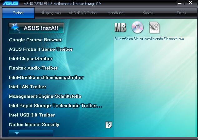 Menü der Treiber-CD von ASUS