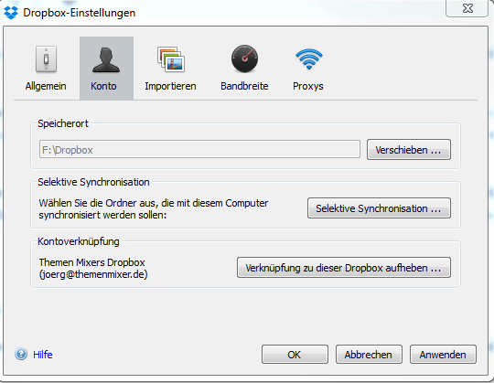 Dropbox-Ordner einstellungen
