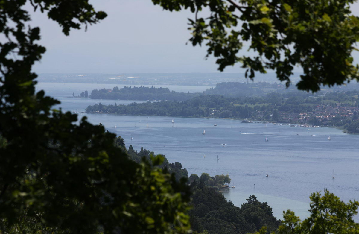 Erste Belohnung auf der Tour Sipplingen - Hödinger Tobel - Überlingen: Fantastischer Ausblick auf den Bodensee mit vielen Segelbooten. Im Hintergrund zu sehen ist die Insel Mainau.