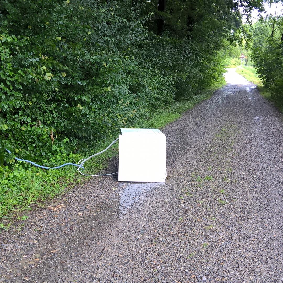 Furchtbar mißhandelt: Waschmaschine auf Waldweg.